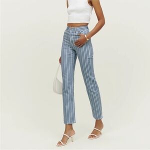 Reformation Blue Striped Cynthia Striped High Rise Straight Jeans